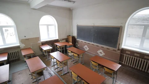 Light Classroom, Lecture Hall, Study Room With Wooden Furniture Stock Footage 309194971