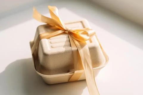 Light color gift container wrapped with ribbon on a white background in the s Stock Photos