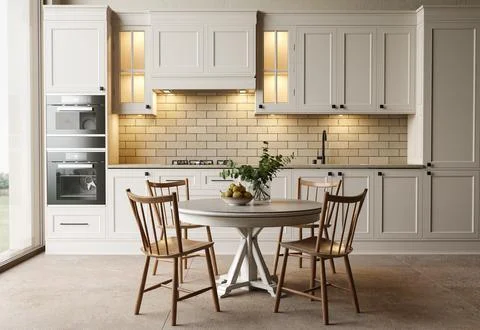 Light color kitchen with a dining room table. High quality illustration 3d Stock Illustration