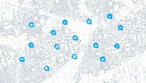 Light Colored City Map with Blue Navigation Pins and Service Icons. Vector Stock Illustration