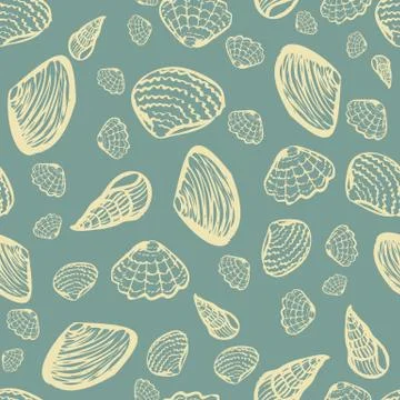 Light colored seashells on a muted blue background seamless vector pattern Illustrazione stock