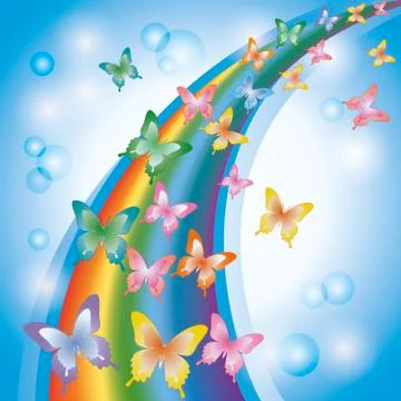 Light colorful background with rainbow and butterflies, decorated bubbles Stock Illustration