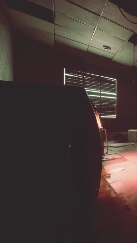 Light coming through blinds in a dark room with shadows on the floor Stock Footage 337995785