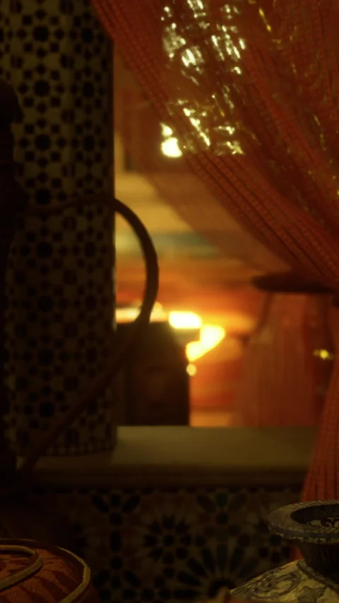 Light coming through curtains in a Moroccan room during the evening Stock Footage 331747926