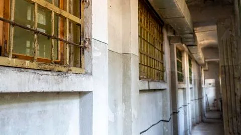 Light Coming in Through Prison Cell Bars Window. Empty Jail Cells. Prison Int 库存照片