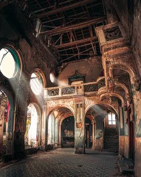 Light coming through windows in the haunted Spicer castle in Serbia Stock Photos