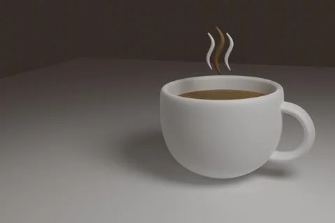 Light cup of aromatic coffee stands on table in 3D space. Mockup of cup. Illustration