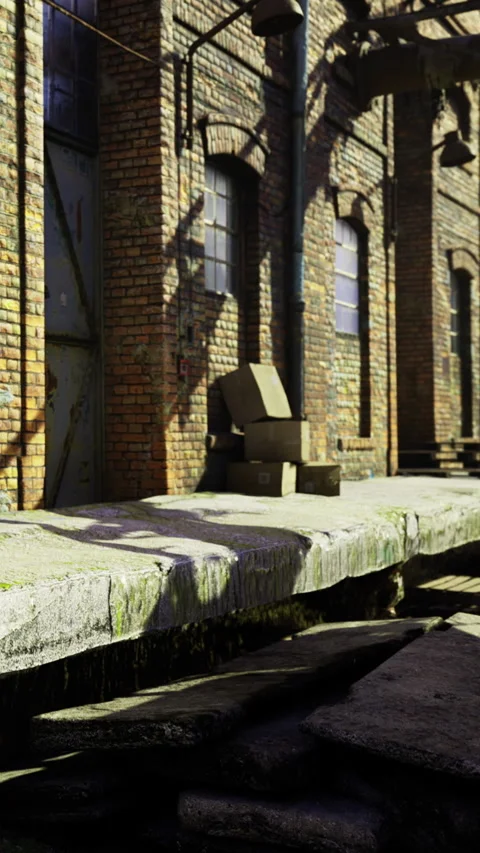 Light dances on old bricks as boxes rest quietly on the dock Stock Footage 334050733