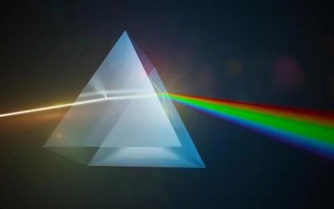 Light dispersion and refraction concept. Light shining through triangular gla 스톡 일러스트