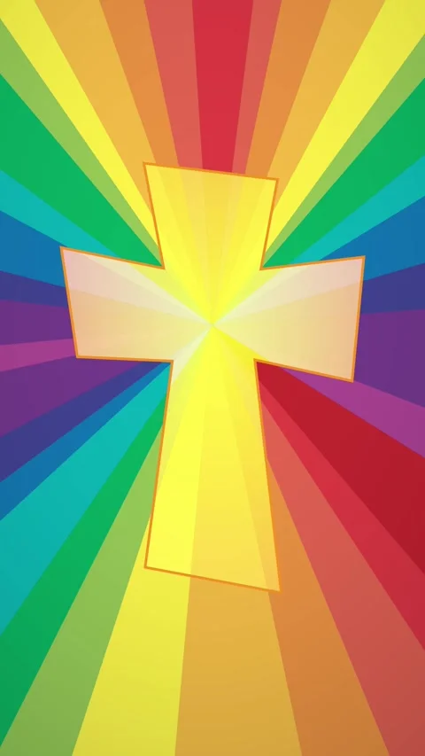 The Light of Easter. Golden christian cross shining on rainbow background Stock Footage 332098920