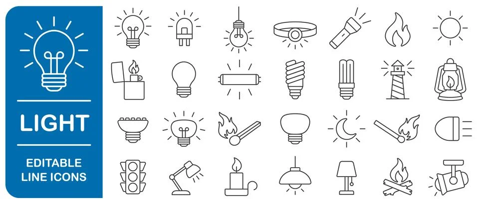Light editable stroke line icon symbol set. Light bulb, lamp, flashlight, LED Stock Illustration