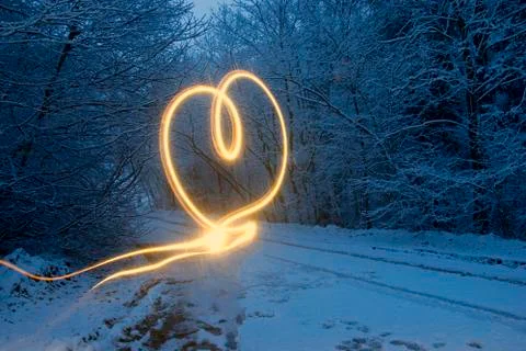 Light effect in the form of a heart. Winter forest at the night. Stock Photos