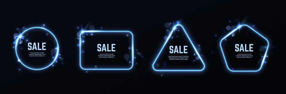 Light effect frames. Glowing different shapes borders with sale text and copy 스톡 일러스트