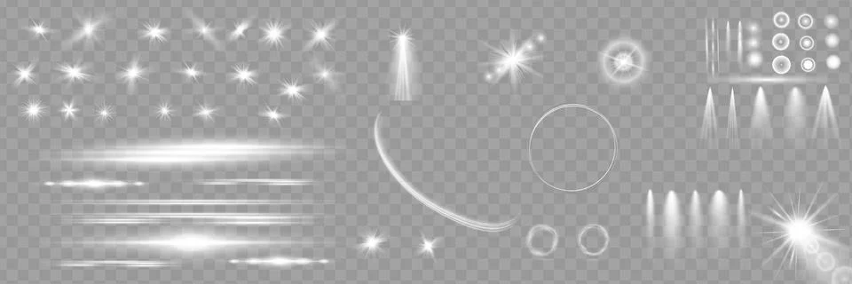 Light effect set. Glow isolated white transparent light effect set, lens flare Stock Illustration