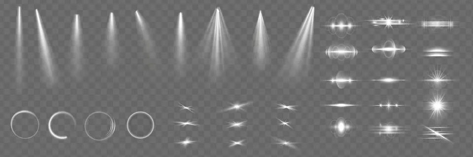 Light effect set. Glow isolated white transparent light effect set, lens flare Stock Illustration