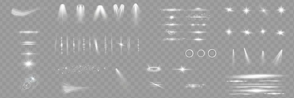 Light effect set. Glow isolated white transparent light effect set, lens flare Stock Illustration