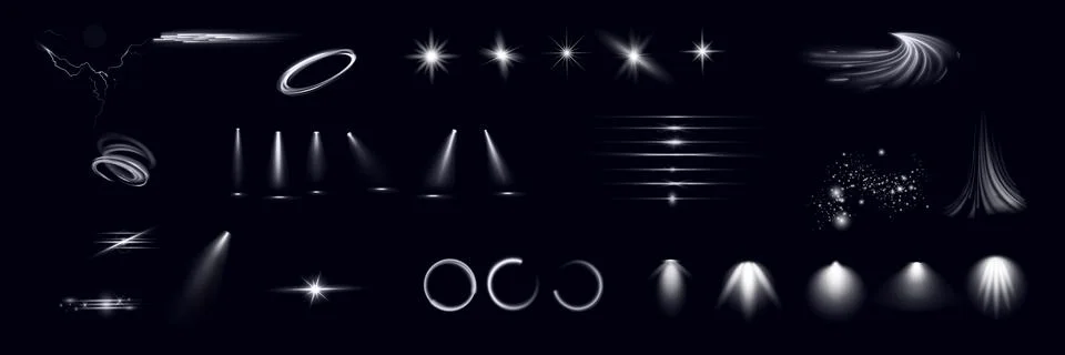 Light effect set. Glow isolated white transparent light effect set, lens fl.. Stock Illustration