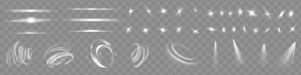 Light effect set. Glow isolated white transparent light effect set, lens fl.. Stock Illustration