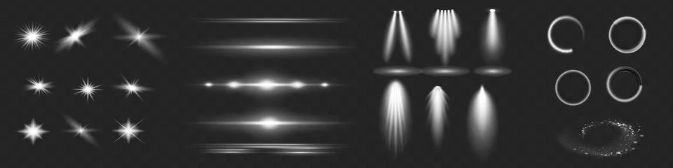 Light effect set. Glow isolated white transparent light effect set, lens flare Stock Illustration