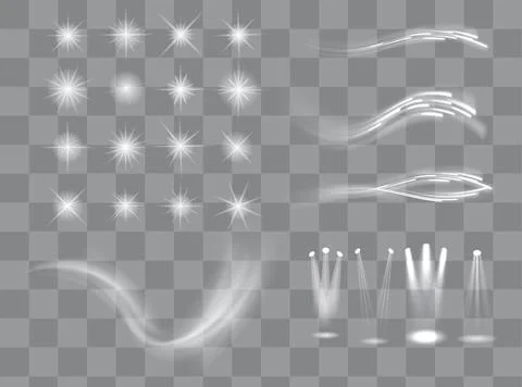 Light effect set. Glow isolated white transparent light effect set, lens flare Stock Illustration