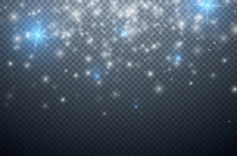 Light effect of white and blue stars and sparks. Sparkling elements on a dark Stockillustratie