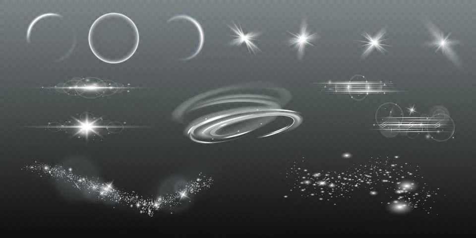 Light effects. glare, explosions, shine, dust, lines, solar flares, sparks Stockillustratie