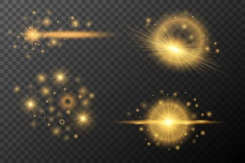 Light Effects Set Golden isolated flare, explosion, shiny dust line, sun flar Stock Illustration