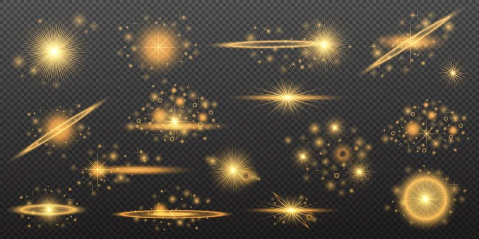 Light Effects Set Golden isolated flare, explosion, shiny dust line, sun flar Stock Illustration