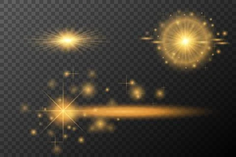 Light Effects Set Golden isolated flare, explosion, shiny dust line, sun flar Stock Illustration