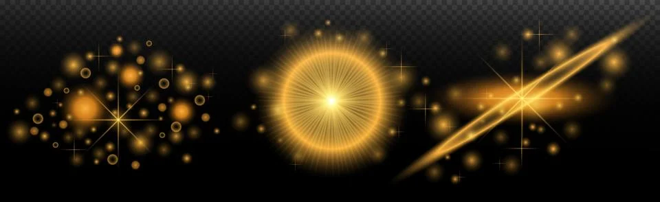 Light Effects Set Golden isolated flare, explosion, shiny dust line, sun flar Stock Illustration