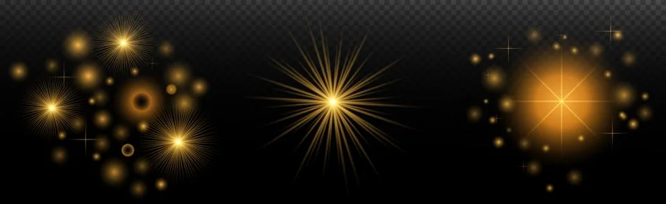 Light Effects Set Golden isolated flare, explosion, shiny dust line, sun flar Stock Illustration
