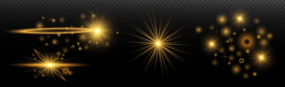 Light Effects Set Golden isolated flare, explosion, shiny dust line, sun flar Stock Illustration