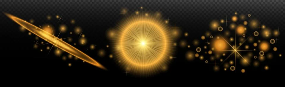 Light Effects Set Golden isolated flare, explosion, shiny dust line, sun flar Stock Illustration