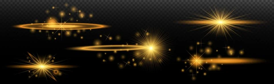 Light Effects Set Golden isolated flare, explosion, shiny dust line, sun flar Stock Illustration