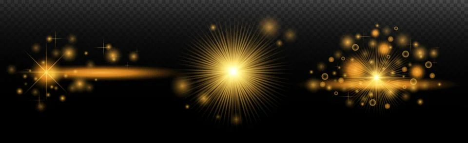 Light Effects Set Golden isolated flare, explosion, shiny dust line, sun flar Stock Illustration