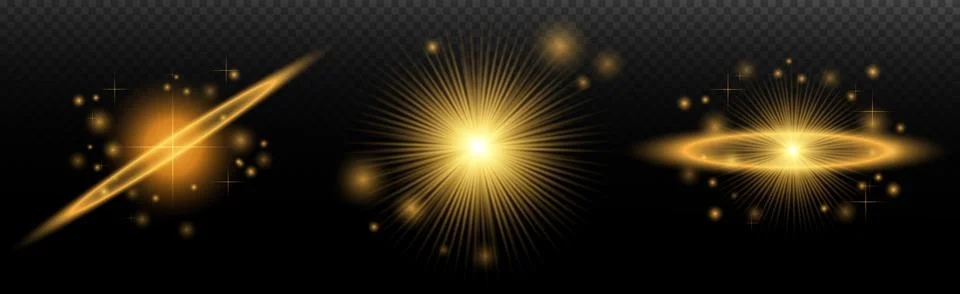 Light Effects Set Golden isolated flare, explosion, shiny dust line, sun flar Stock Illustration