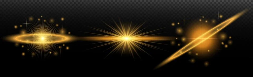 Light Effects Set Golden isolated flare, explosion, shiny dust line, sun flar Stock Illustration