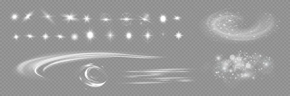 Light effects.Wind glare, explosions, shine, dust, lines, solar flares, sparks Stock Illustration