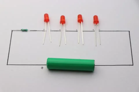 Light emitting diode or LED connected using connection lines. Simple LED Stock Photos