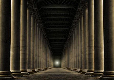 Light at end of row of pillars Foto stock
