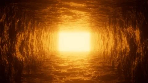 Light at the end of the tunnel illuminating rough stone walls 스톡 일러스트