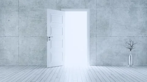 Light entering from open white door to empty room with concrete wall realisti Stock Illustration
