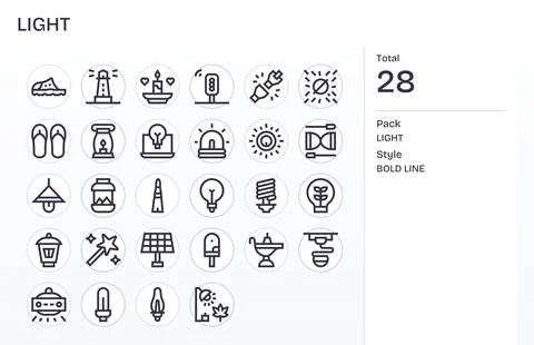 Light Essential Vector Set including 28 PIXEL Perfect Bold Line 64x64 Icons Stock Illustration