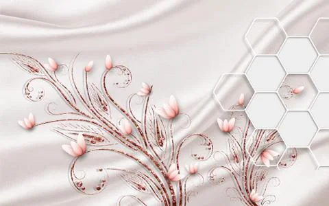Light fabric background, hexagons, pink ornamental abstract flowers Stock Illustration