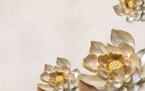 Light fabric background, large beige ceramic gilded lotus flowers Stock Illustration