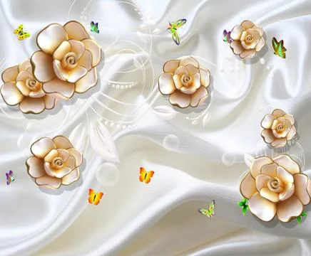 Light fabric background, large rosebuds, soap bubbles, colorful butterflies Stock Illustration