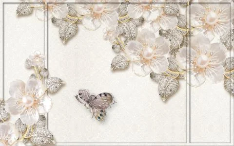 Light fabric background, rectangular frame, light flowers, large dark butterfly Stock Illustration