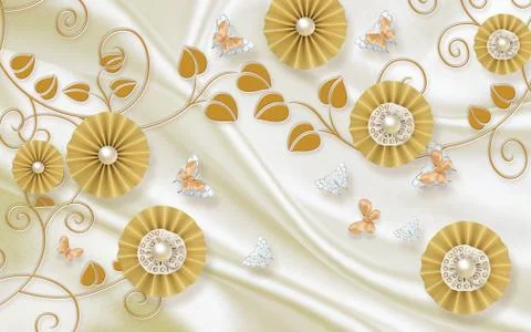 Light fabric background, round abstract flowers, ornament, pearls, butterflies Stock Illustration