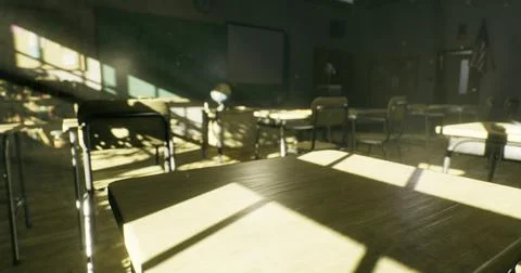 Light filled classroom with empty desks and warm sunlight in morning hours Stock Illustration