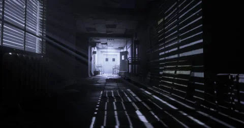 Light filtering through blinds in an abandoned building at night Stock Footage 303741899